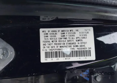 2011 Honda Accord 2.4 Se из США, поврежденный, VIN 1HGCP2F66BA029212